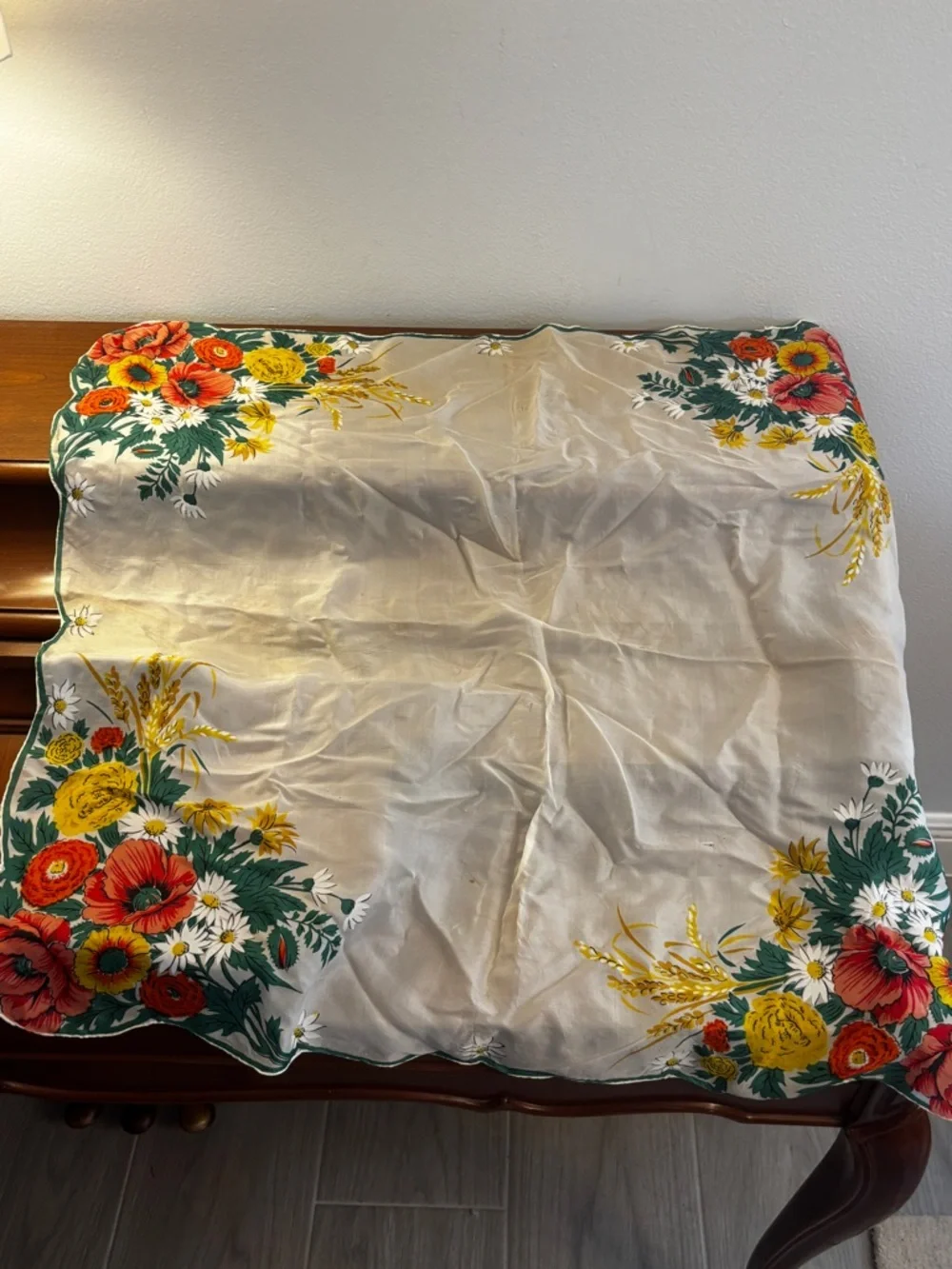 Vintage Susan Smith Creations Silk Rayon Chiffon Scarf Floral Border Hand Rolled